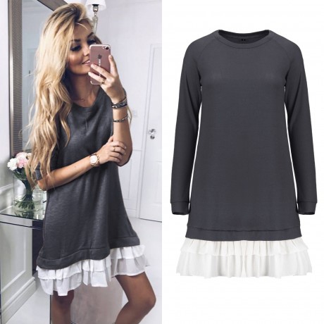 Women's Long Sleeve Casual Loose Stretchy Swing T-Shirt Dress