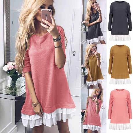 Women's Long Sleeve Casual Loose Stretchy Swing T-Shirt Dress