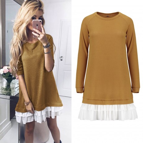 Women's Long Sleeve Casual Loose Stretchy Swing T-Shirt Dress