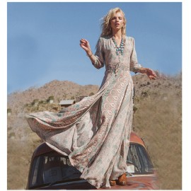 Floral Print Dress, 3/4 Sleeve Drawstring Waist V-Neck Cotton Blend Ankle Length Dress For Women(S-5XL) 