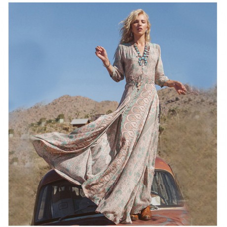 Floral Print Dress, 3/4 Sleeve Drawstring Waist V-Neck Cotton Blend Ankle Length Dress For Women(S-5XL)
