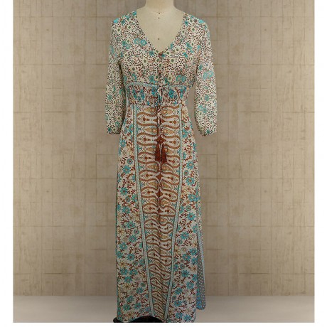 Floral Print Dress, 3/4 Sleeve Drawstring Waist V-Neck Cotton Blend Ankle Length Dress For Women(S-5XL)