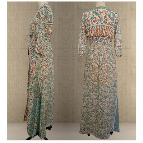 Floral Print Dress, 3/4 Sleeve Drawstring Waist V-Neck Cotton Blend Ankle Length Dress For Women(S-5XL)