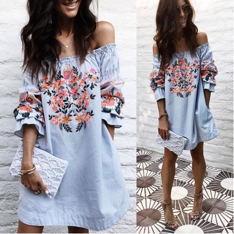 Sexy Off Shoulder Short Shirt Dress Embroideried Floral for Spring/Summer(S-XL)