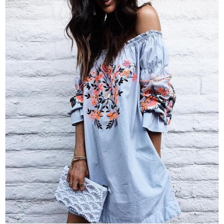 Sexy Off Shoulder Short Shirt Dress Embroideried Floral for Spring/Summer(S-XL)