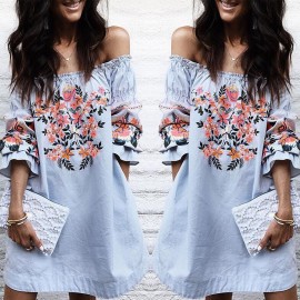 Sexy Off Shoulder Short Shirt Dress Embroideried Floral for Spring/Summer(S-XL) 