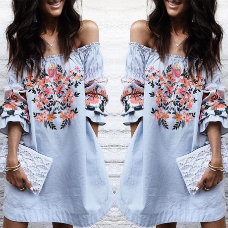 Sexy Off Shoulder Short Shirt Dress Embroideried Floral for Spring/Summer(S-XL)