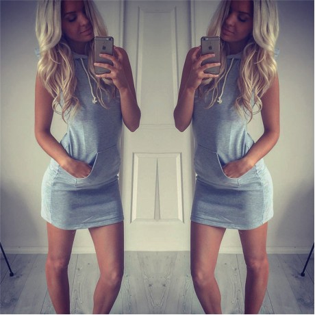Women Casual Sleeveless Cotton Sweat Hoodie Dress