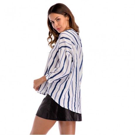 Womem's Spring Long Sleeve Deep V- Neck Striped Stripe Shirt Uneven Hem  Raglan Sleeves Loose Size(S-XL)