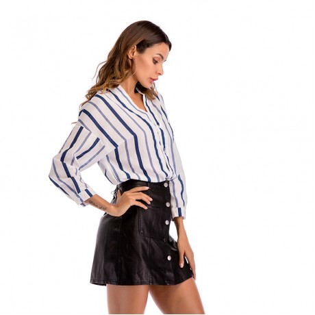 Womem's Spring Long Sleeve Deep V- Neck Striped Stripe Shirt Uneven Hem  Raglan Sleeves Loose Size(S-XL)