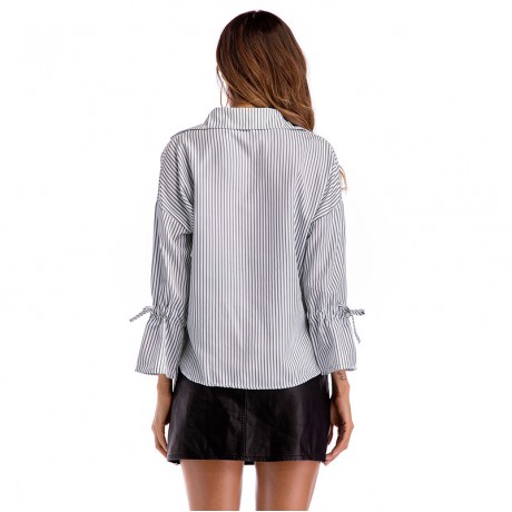 Women's Long Sleeve Deep V- Neck  Loose Casual Stripe Blouse（S-XXL）  