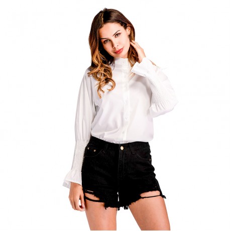 Women Stand-up Collar Ruffled Long Sleeve Blouse Spring Large Size Shirt Women Ladies(S-XL)