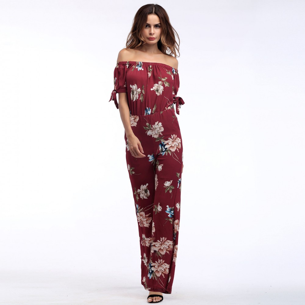 Women's  Vintage Chiffon Floral off Shoulder  Wide-leg Trousers Summer Women(S-XL)