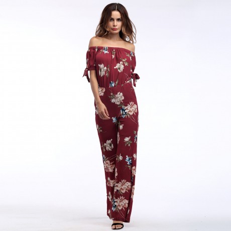Women's  Vintage Chiffon Floral off Shoulder  Wide-leg Trousers Summer Women(S-XL)