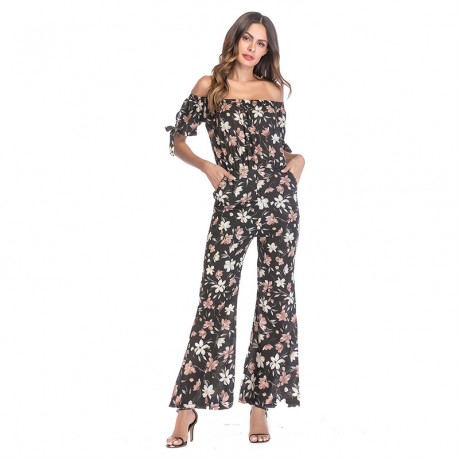 Women's  Vintage Chiffon Floral off Shoulder  Wide-leg Trousers Summer Women(S-XL)