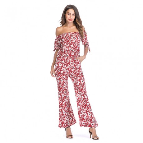Women's  Vintage Chiffon Floral off Shoulder  Wide-leg Trousers Summer Women(S-XL)