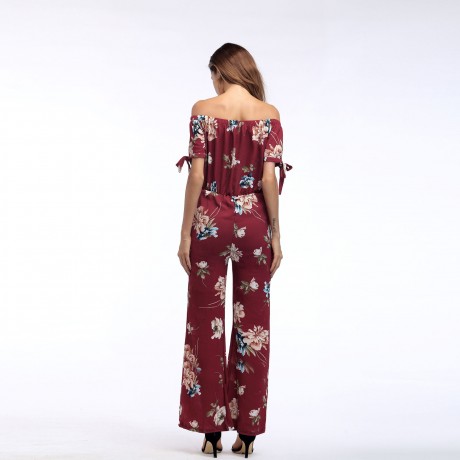 Women's  Vintage Chiffon Floral off Shoulder  Wide-leg Trousers Summer Women(S-XL)