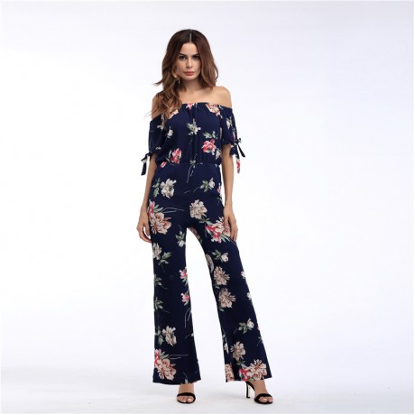 Women's  Vintage Chiffon Floral off Shoulder  Wide-leg Trousers Summer Women(S-XL)
