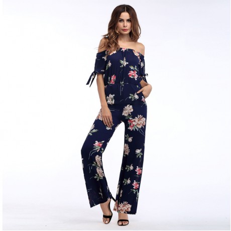 Women's  Vintage Chiffon Floral off Shoulder  Wide-leg Trousers Summer Women(S-XL)