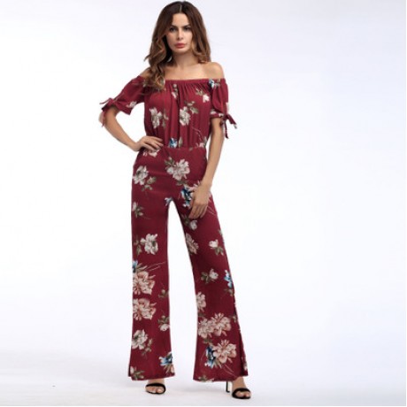 Women's  Vintage Chiffon Floral off Shoulder  Wide-leg Trousers Summer Women(S-XL)