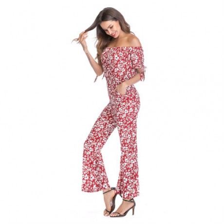 Women's  Vintage Chiffon Floral off Shoulder  Wide-leg Trousers Summer Women(S-XL)