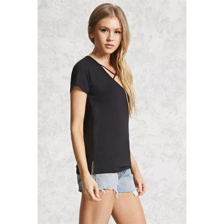 Women's Hollow V-neck Loose Short-Sleeved Solid Color Short Sleeve t-Shirt(S-XL)