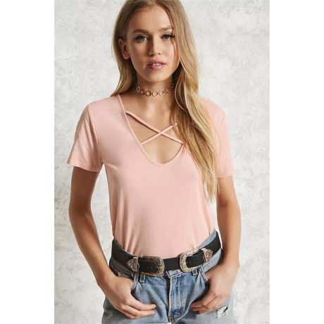 Women's Hollow V-neck Loose Short-Sleeved Solid Color Short Sleeve t-Shirt(S-XL)