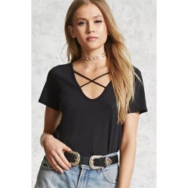 Women's Hollow V-neck Loose Short-Sleeved Solid Color Short Sleeve t-Shirt(S-XL)