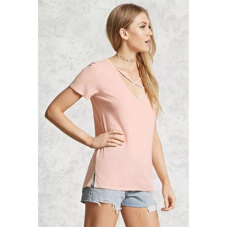 Women's Hollow V-neck Loose Short-Sleeved Solid Color Short Sleeve t-Shirt(S-XL)
