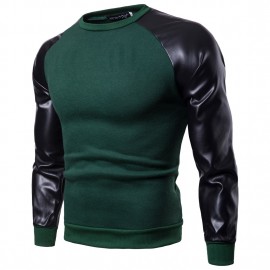  Men's Fashion Solid Color Stitching Sweater Leather British Style Sweater 