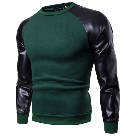  Men's Fashion Solid Color Stitching Sweater Leather British Style Sweater