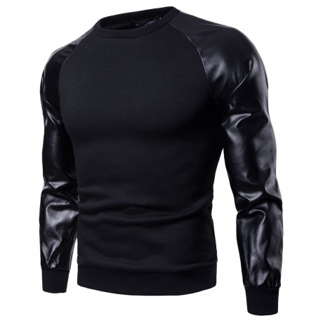  Men's Fashion Solid Color Stitching Sweater Leather British Style Sweater