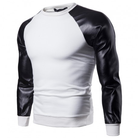  Men's Fashion Solid Color Stitching Sweater Leather British Style Sweater