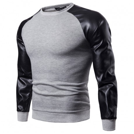  Men's Fashion Solid Color Stitching Sweater Leather British Style Sweater