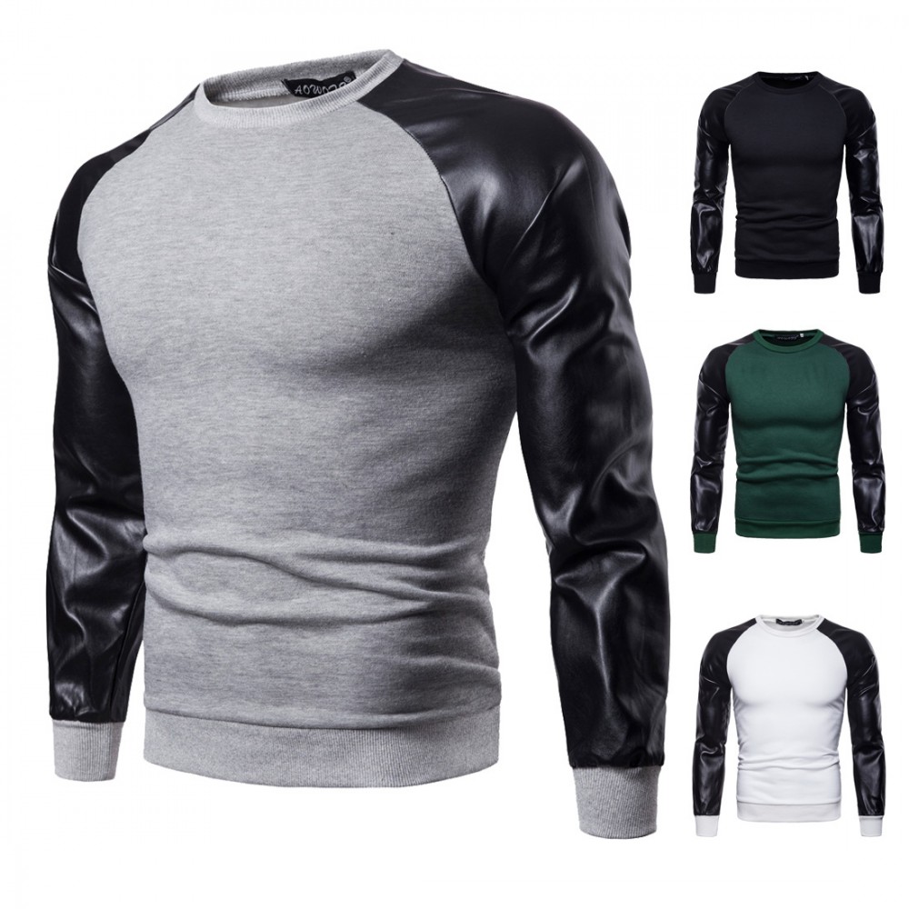  Men's Fashion Solid Color Stitching Sweater Leather British Style Sweater