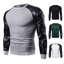  Men's Fashion Solid Color Stitching Sweater Leather British Style Sweater 