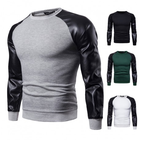  Men's Fashion Solid Color Stitching Sweater Leather British Style Sweater