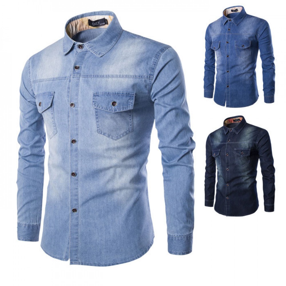 Men Casual Single Breasted Shirt Long Sleeve Chest Pocket Blouse Slim Denim Shirt Blouse