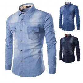 Men Casual Single Breasted Shirt Long Sleeve Chest Pocket Blouse Slim Denim Shirt Blouse