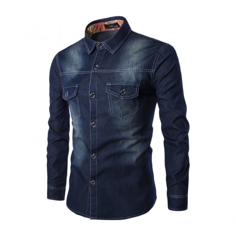 Men Casual Single Breasted Shirt Long Sleeve Chest Pocket Blouse Slim Denim Shirt Blouse