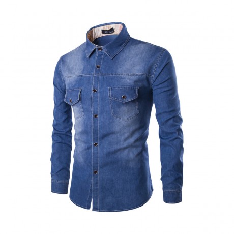 Men Casual Single Breasted Shirt Long Sleeve Chest Pocket Blouse Slim Denim Shirt Blouse