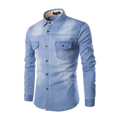 Men Casual Single Breasted Shirt Long Sleeve Chest Pocket Blouse Slim Denim Shirt Blouse