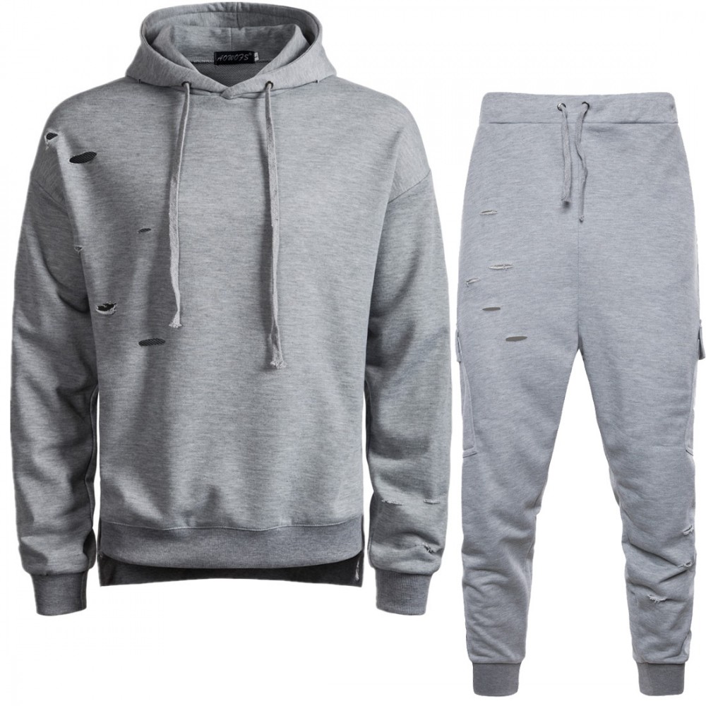 Men's Solide Color Jogging Sweater Suit Full Tracksuit Hole Sports Suit Hoodies Joggers Sets
