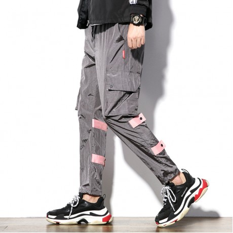  Men Casual Loose Tooling straight pants Drawstring Waist Pants with Pockets