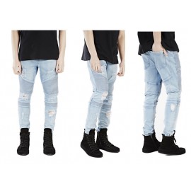 Men Skinny Feet Zipper Distressed Ripped Jeans Slim Fit Frayed Destroyed Denim Pant 