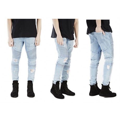 Men Skinny Feet Zipper Distressed Ripped Jeans Slim Fit Frayed Destroyed Denim Pant