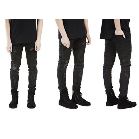 Men Skinny Feet Zipper Distressed Ripped Jeans Slim Fit Frayed Destroyed Denim Pant