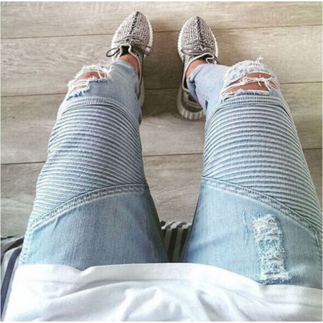 Men Skinny Feet Zipper Distressed Ripped Jeans Slim Fit Frayed Destroyed Denim Pant