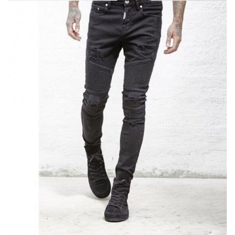 Men Skinny Feet Zipper Distressed Ripped Jeans Slim Fit Frayed Destroyed Denim Pant