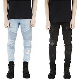 Men Skinny Feet Zipper Distressed Ripped Jeans Slim Fit Frayed Destroyed Denim Pant